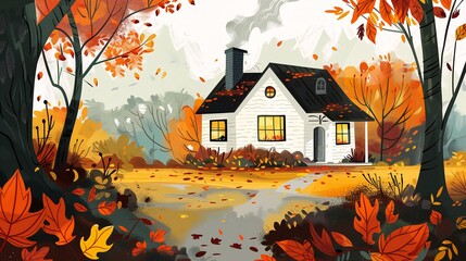 illustration house fall leaves falling trees banner guys sweet home windy mood title visual development irons - obrazy, fototapety, plakaty