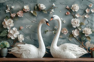 3d wallpaper with two swans in love, floral and romantic background for wall decoration. Created with Ai