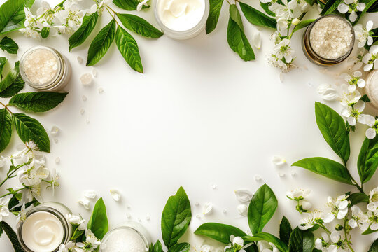 White background with beauty products and natural ingredients arranged in the shape of an empty circle, creating space for text or product images