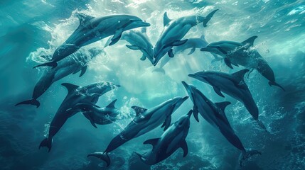 banner background National Dolphin Day theme, and wide copy space, A group of dolphins forming a heart shape with their bodies underwater