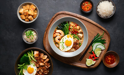 Asian-inspired dining scene ,Set it on a dark wooden table in a restaurant, Include a plate of fried rice topped with a fried egg and slices of grilled meat