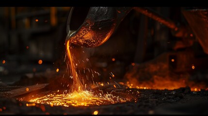 Pouring molten steel, into a socket, close up, glowing orange steel flowing from a ladle into a mold, bright sparks and intense heat creating a dramatic scene, industrial setting with dark