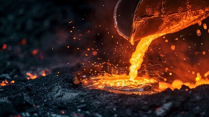 Pouring molten steel, into a socket, close up, glowing orange steel flowing from a ladle into a mold, bright sparks and intense heat creating a dramatic scene, industrial setting with dark
