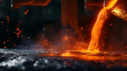 Pouring molten steel, into a socket, close up, glowing orange steel flowing from a ladle into a mold, bright sparks and intense heat creating a dramatic scene
