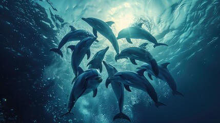 banner background National Dolphin Day theme, and wide copy space, A group of dolphins forming a heart shape with their bodies underwater