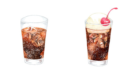 コーラとコーラフロートのセット　飲み物の手描き水彩イラスト素材