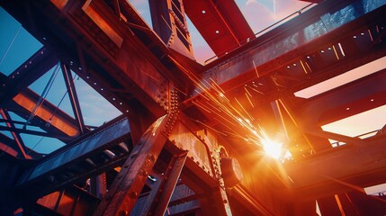 Steel welding, truss structure, close up, the bright glow of the welding arc illuminating the detailed texture of the steel