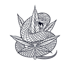 illustration of Marijuana Leaves with Snakes with black and white lines