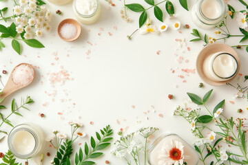 Fototapeta na wymiar White background with beauty products and natural ingredients arranged in the shape of an empty circle, creating space for text or product images