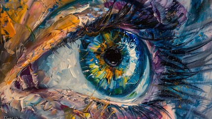 closeup blue eye yellow princess refractive reflective thick impasto paint closes abstract - obrazy, fototapety, plakaty