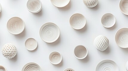 A minimalistic pattern of clay polymer handmade crafted items, displayed against a white background, showcasing simple yet elegant design,  - obrazy, fototapety, plakaty