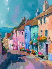 street houses flowers side bright sunny daylight tall scotland expressive color coastline