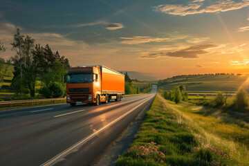 Truck cruising down the highway at sunset, amidst a serene rural landscape