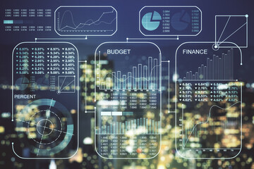 Multi exposure of creative statistics data hologram on blurry cityscape background, stats and...