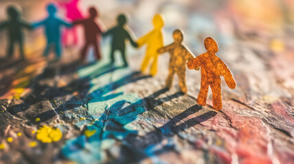 Paper cutout people forming a circle on a colorful painted background. Unity and community concept. Design for social network banner, teamwork poster. Close-up shot with shallow depth of field