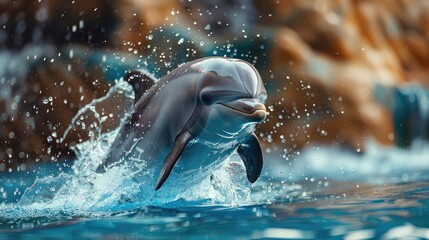 banner background National Dolphin Day theme, and wide copy space, A baby dolphin playfully splashing water with its tail, for banner, UHD image  - Powered by Adobe