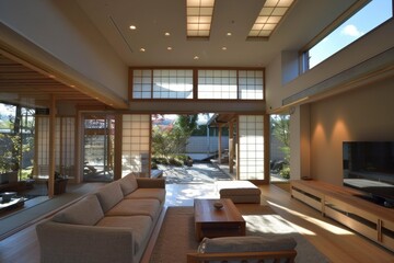 Fototapeta na wymiar Modern Japanese-style interior with garden view.