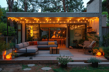 Cozy outdoor living area in the backyard of an urban home, wood floor and seating areas with comfy sofas and coffee table, string lights around it. Created with Ai - obrazy, fototapety, plakaty