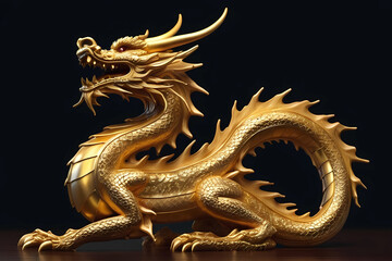 Fototapeta premium Chinese new year 2024 golden wooden dragon statue with dark background