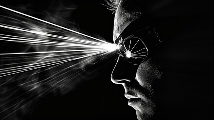 In an artistic black and white image a superherolike silhouette of an optometrist is shown using a laserlike device to eliminate a threatening eye disease. The image conveys the powerful .