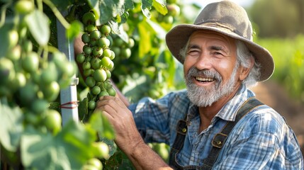 Smiling senior man tending to grapevines in vineyard, embodying contentment and care, concept of...