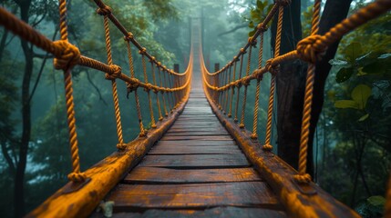 Mystical rope bridge disappearing into foggy forest, creating a sense of adventure and exploration, concept of mystery and journey into the unknown - obrazy, fototapety, plakaty