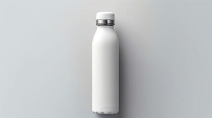 A professional Water Bottle in white with a smooth texture, stretched and laid flat lay on a minimalist white mockup