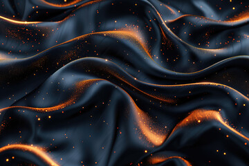 Dark blue and gold silk fabric, flowing waves of liquid metal, with an abstract background. Created with Ai