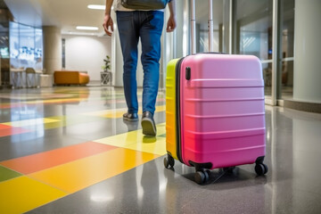 Fototapeta na wymiar Sophisticated Journey Begins: Traveler Pulling a Colorful Modern Suitcase through a Hotel Lobby