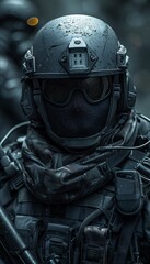 Fototapeta premium man military uniform gun mask future tech head snake eyes sword shield streaming cloak covering face black suit