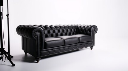 Black leather sofa isolated on white background. 3d render illustration.