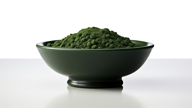 Plain white background dark green bowl with Chlorate powder