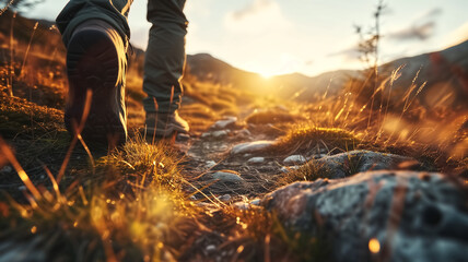 Hikers walking on mountain trail at sunset. Adventure and hiking concept. Design for outdoor equipment banner, trekking poster. Low angle view with lens flare and copy space