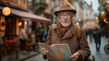 Elderly man with a surprised expression holding a map in a historical city street, showcasing the delight of discovery, concept of senior travel and exploration