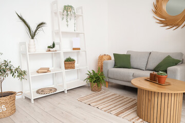 Obraz premium Stylish interior of light living room with shelving units, houseplants, mirror, table and sofa