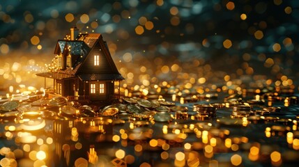 A shimmering sea of golden coins, a model house proudly stands, representing the promise of wealth and prosperity through real estate investment.