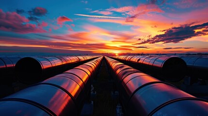 Against the backdrop of an endless sky, the silhouette of steel tubes creates a striking contrast, symbolizing industrial progress. - obrazy, fototapety, plakaty