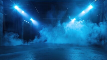 Obraz premium Against a backdrop of deep blue, neon lights and spotlights illuminate an empty space. Wisps of smoke hover above the concrete floor.