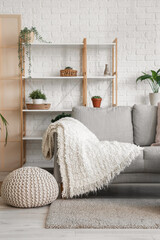 Loft style interior of comfortable living room with sofa, houseplants and shelving units