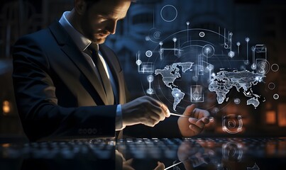 A businessman in a suit touches industry-related icons such as world maps, world maps, and cogs painted white on glass with a pen, industrial development concept