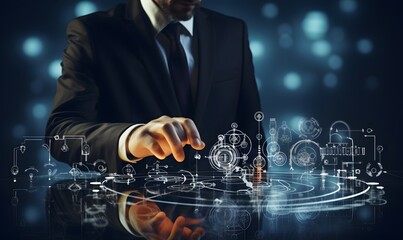A businessman in a suit touches industry-related icons such as world maps, world maps, and cogs painted white on glass with a pen, industrial development concept