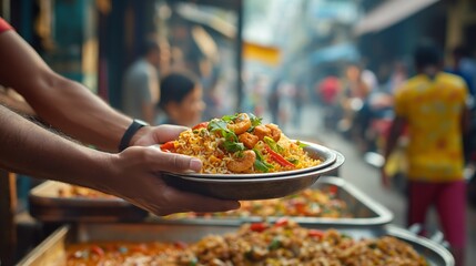 Street food vendor offering a colorful plate of fried rice, epitomizing local cuisine and culture,...