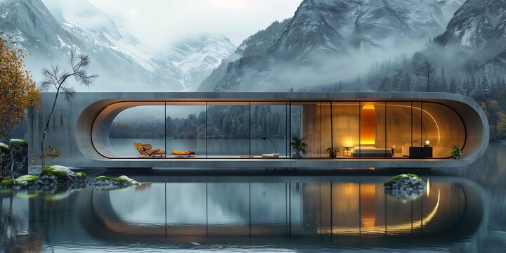 house built side mountain calm lake modern palatial scene ultra glass rain frameless
