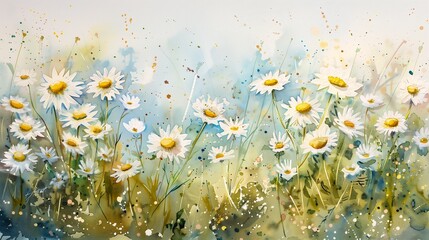 field daisies blue sky background dawn cream flowing feeling verdant garden sparkling dew hiding grass illustration defense gentle - obrazy, fototapety, plakaty