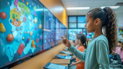 Obraz premium Curious student using interactive digital display in classroom, concept of innovative education and technology in schools