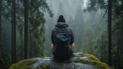 Solo traveler sitting atop a rock overlooking foggy pine forest, concept of solitude and adventure in nature