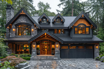 Ultrarealistic photo of the exterior of an elegant and large luxury house in vancouver, Canada with dark wood accents, featuring stone decorative elements on its front wall. Created with Ai