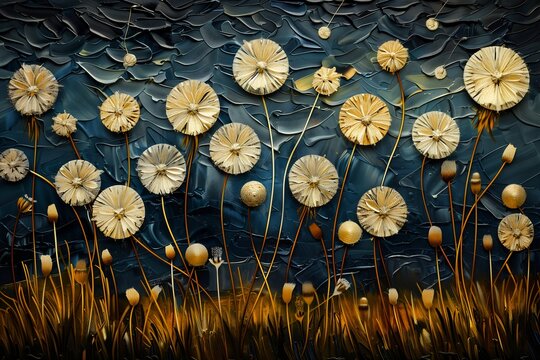 field flowers blue background dandelion seeds float grey gold color close foamy waves black