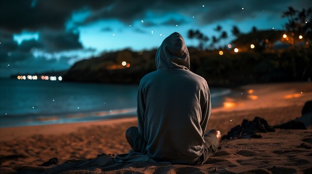 man sitting beach night looking out ocean stars sky electronic hardcore music hoodie standing lost chill summer connecting life place