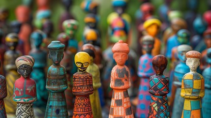 Vibrant collection of African figurines in assorted colors and patterns, showcasing cultural artistry, concept of diversity in crafts and traditions